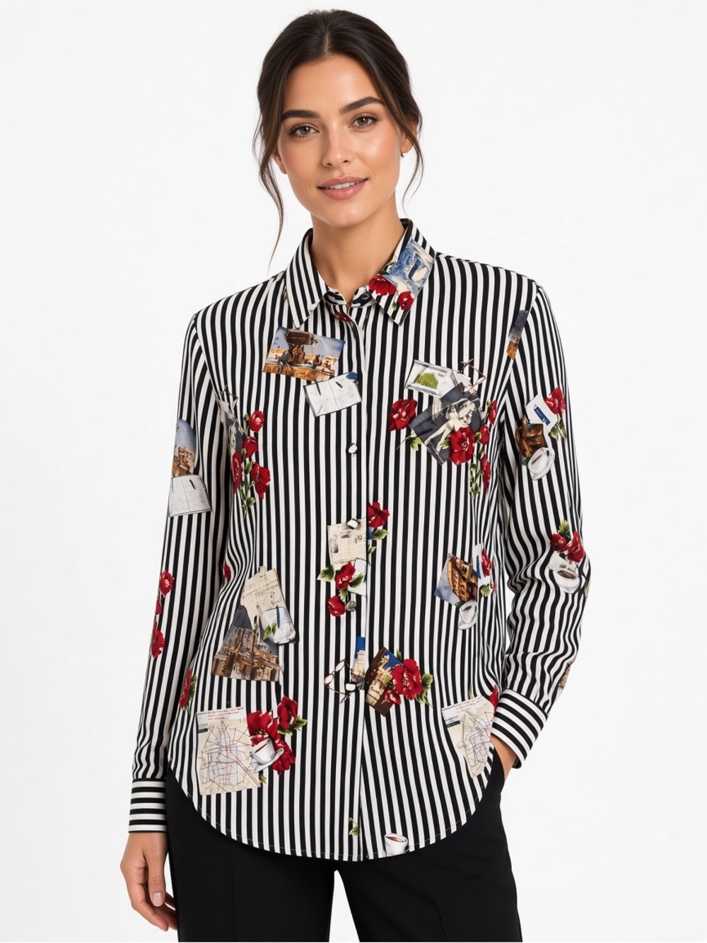 100% SILK blouse black and white stripes travel images red flowers VTG